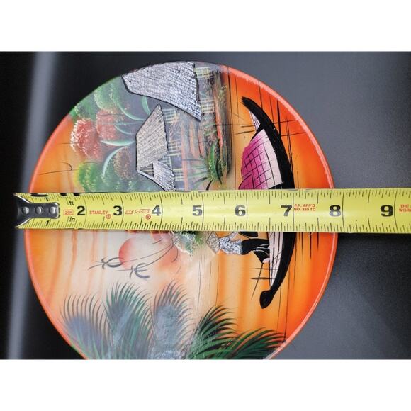 Vietnamese Lacquerware Plate Wall Art Hanging Colorful 8" Orange Green - Picture 5 of 6